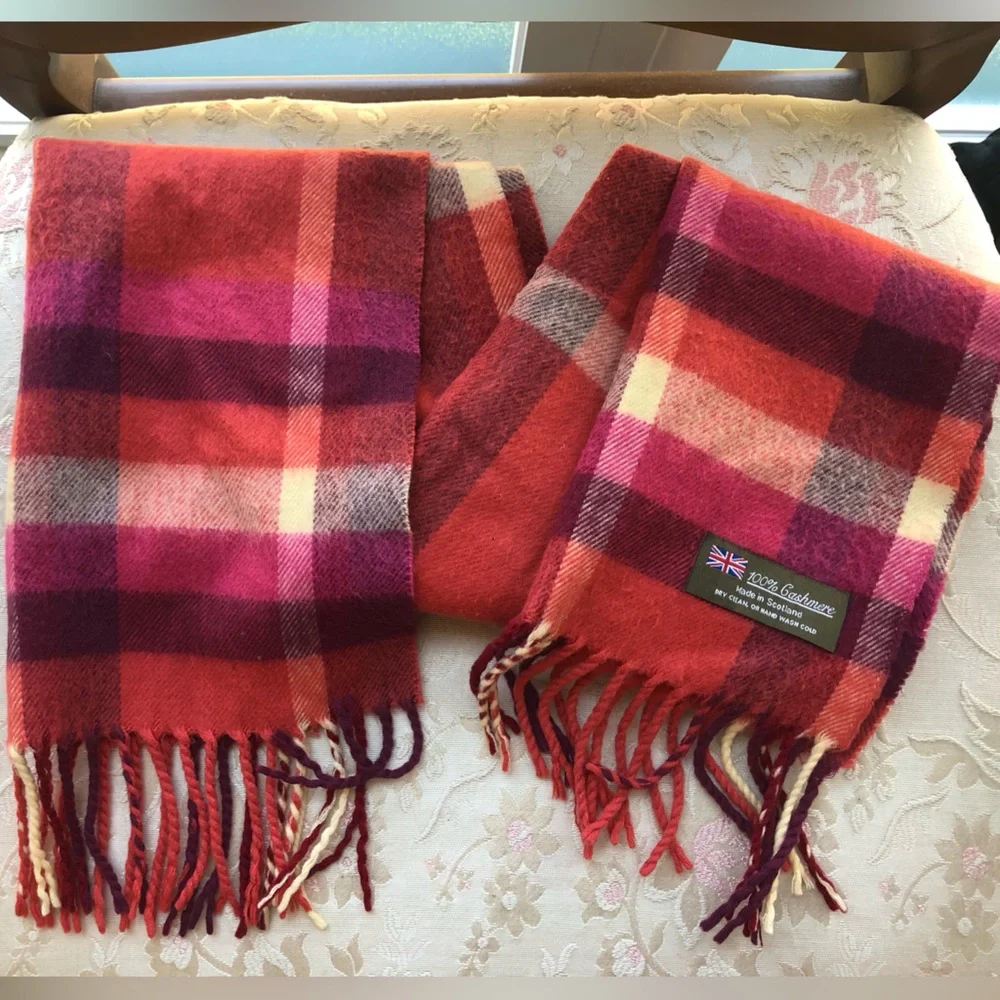 Vibrant Orange and Red Tartan Scarf with Fringe